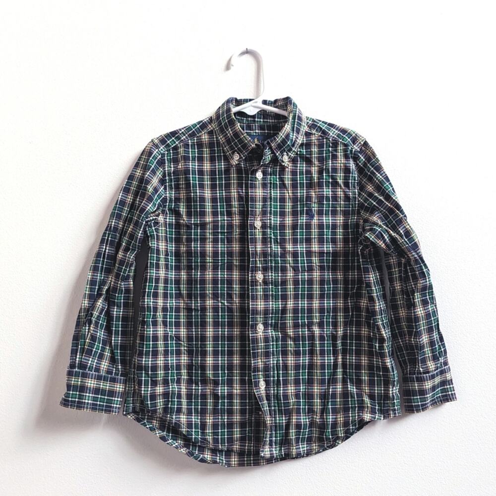 Ralph Lauren Button Down Shirt 5T Boys Green Plaid Long Sleeve Preppy Pony